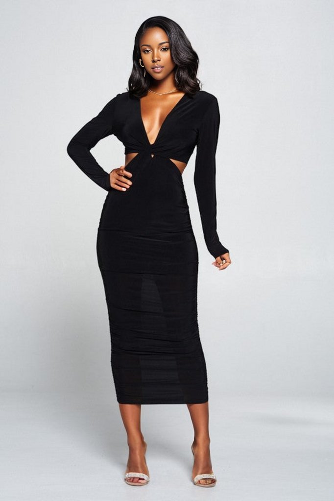 Corrine Long Sleeve, Plunge Neck, Cut Out Dress. Corrine Long Sleeve, Plunge Neck, Cut Out Dress.