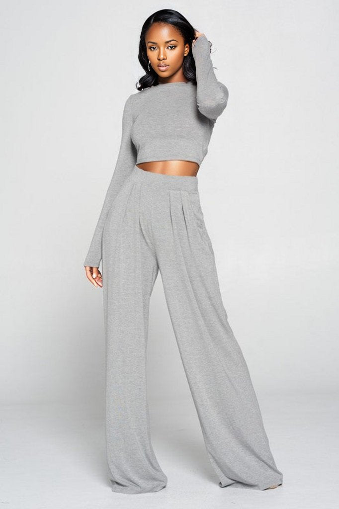 Lucy Palazzo Set with long sleeve top, wide leg pants and side pockets –  LucyLilyBeauty