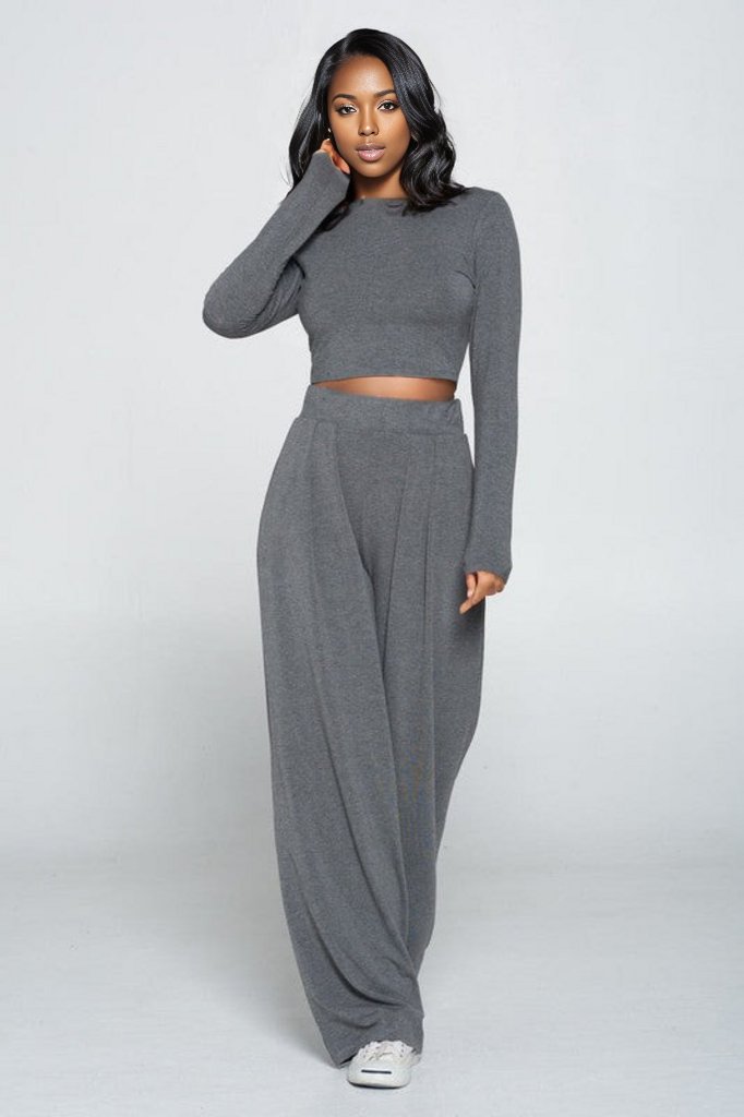 Lucy Palazzo Set with long sleeve top, wide leg pants and side