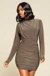 Tanya long sleeve crew neck dress with ruched side seams on skirt.